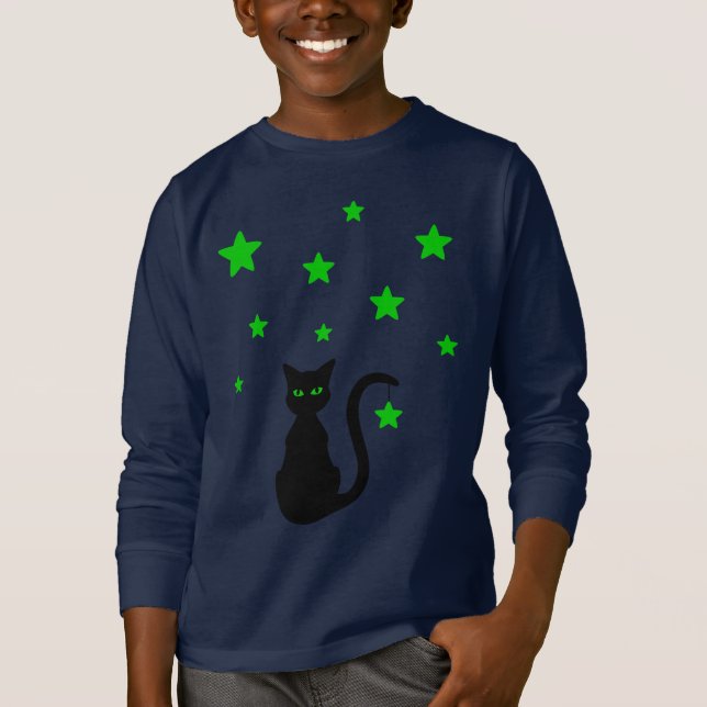 Camiseta con estrellas de gato negro (niño) (Anverso)