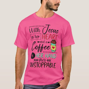 Camiseta Con Jesús En Su Corazón Y Café En Su Mano Diversió