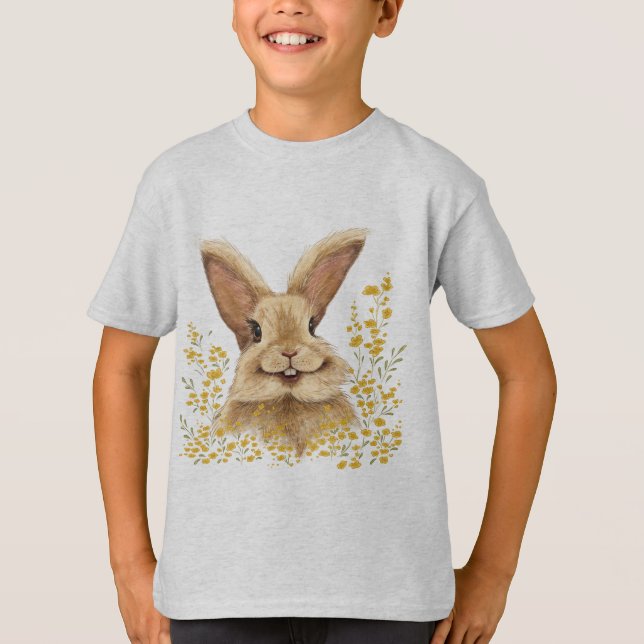 Camiseta con la letra Feliz Conejo en Tono Dorado (Anverso)
