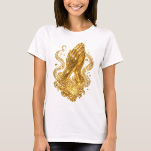 Camiseta con lema de MANOS ORANDO en hermoso dorad