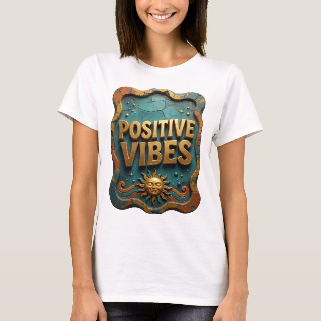 Camiseta con lema POSITIVE VIBES en oro Sharp (Anverso)