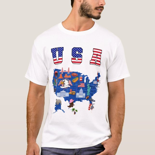 Camiseta con mapa de EE. UU. Símbolos americanos (Anverso)