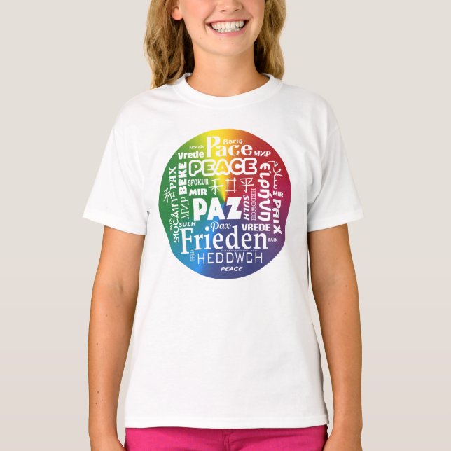 Camiseta con paz arcoiris en varios idiomas (Anverso)