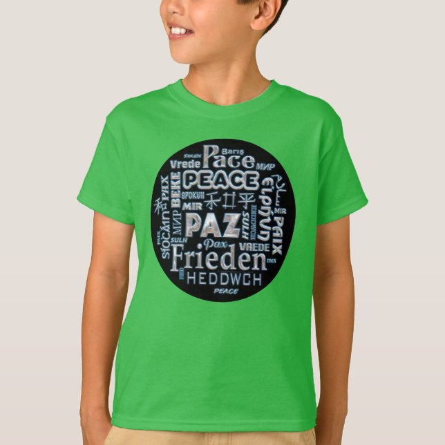 Camiseta con paz cromada en varios idiomas (Anverso)