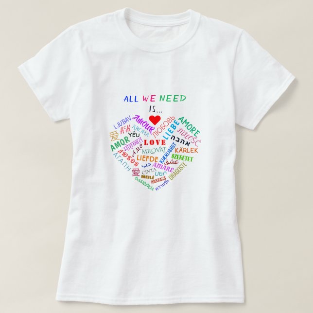 Camiseta con texto multi lenguaje palabra amor (Diseño del anverso)