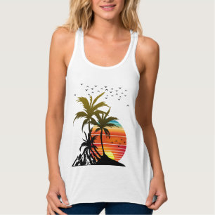Camiseta Con Tirantes Atardecer Montaña Palmeras Retro