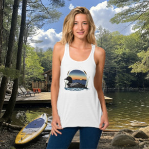 Camiseta Con Tirantes Atardecer Sereno del Somorgujo Común en Lago Azul