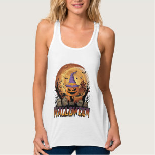 Camiseta Con Tirantes Calabaza de Halloween Sombrero de Bruja Gato Negro