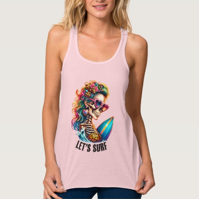 Camiseta Con Tirantes Esqueleto de surf Guay arte de palabra Playa de ve (Anverso)