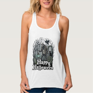 Camiseta Con Tirantes Feliz Halloween Esqueleto Linterna Gato Negro Grav