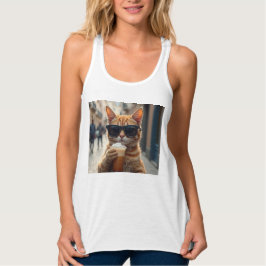 Camiseta Con Tirantes Gato bebiendo café en una calle