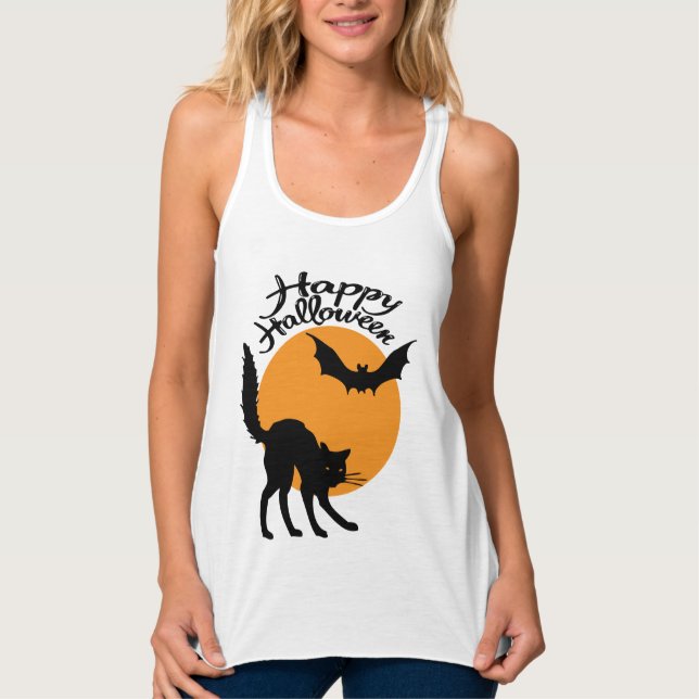 Camiseta Con Tirantes Gato negro de Halloween y murciélago con luna, hal (Anverso)