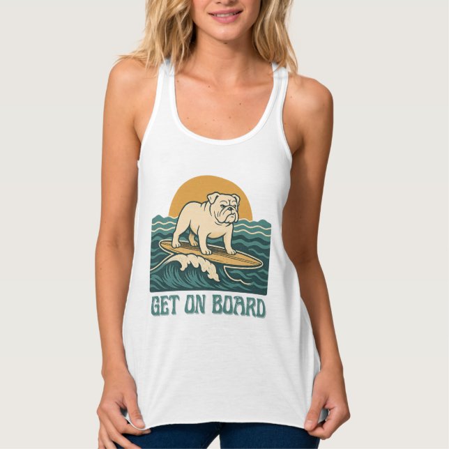 Camiseta Con Tirantes Get On Board Surfer Dog Retro Bulldog Surf Graphic (Anverso)