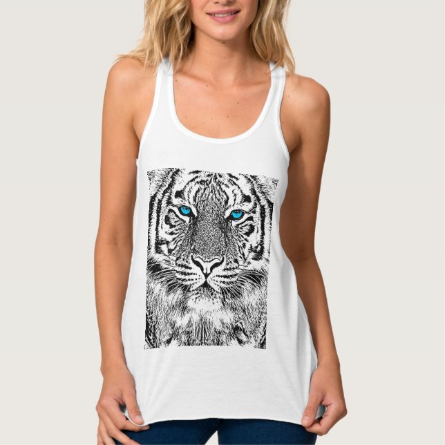 Camiseta Con Tirantes Gráfico De Tigres De Ojos Azules Negros Y Blancos (Anverso)