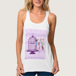 Camiseta Con Tirantes Hoja de pájaros y pájaros púrpura y música
