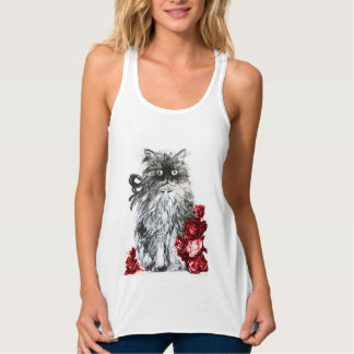 Camiseta Con Tirantes KITTEN CON ROSAS ROJAS, negro y blanco