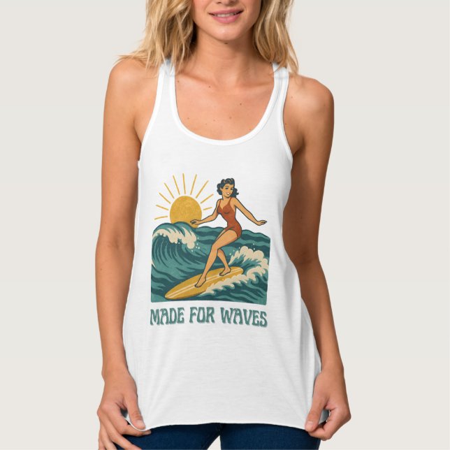 Camiseta Con Tirantes Made For Waves | Retro California Surf Girl Pin-Up (Anverso)