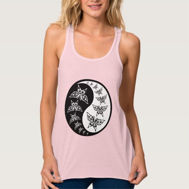 Camiseta Con Tirantes Mariposas Yin Yang Tao Negras Y Blancas (Anverso)