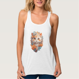 Camiseta Con Tirantes Naranja lindo Floral Kitty Cat
