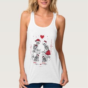 Camiseta Con Tirantes Pareja de esqueletos alimentando a perro y gato