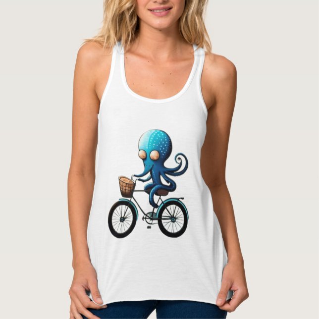 Camiseta Con Tirantes Pequeño pulpo azul lindo en una bicicleta (Anverso)