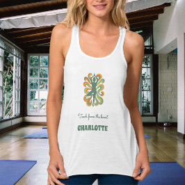Camiseta Con Tirantes Pose de yoga remolinos retro verde naranja nombre 