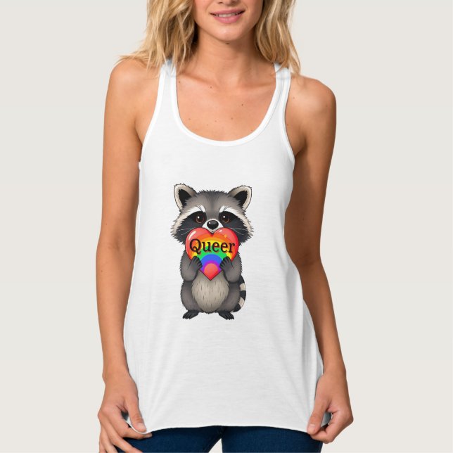 Camiseta Con Tirantes Queer | Raccoon con corazón arcoiris (Anverso)