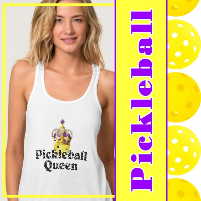 Camiseta Con Tirantes Reina de pellebol, morada de bolas amarillas, coro (pickleball queen yellow pickleball in gold crown with purple.)