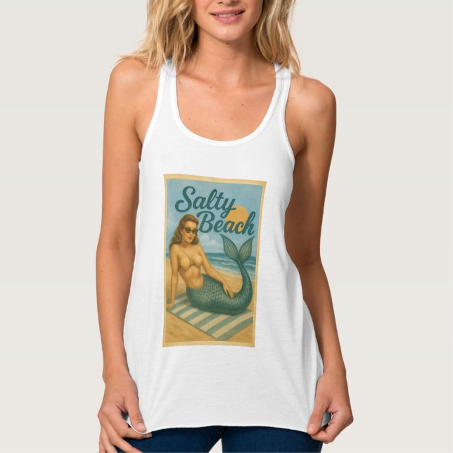 Camiseta Con Tirantes Salty Beach Pin-Up Mermaid | Retro Coastal Graphic (Anverso)