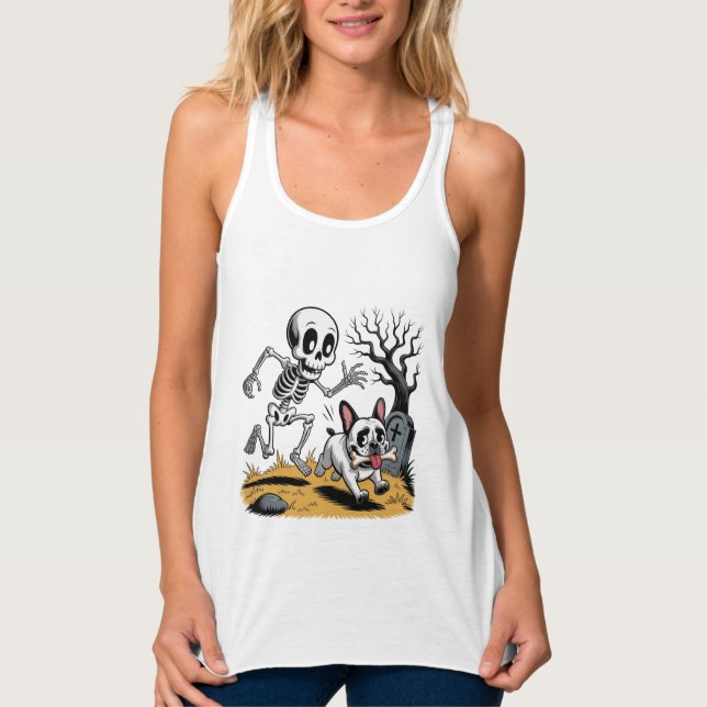 Camiseta Con Tirantes Skeleton vs French Bulldog – Funny Halloween Chase (Anverso)