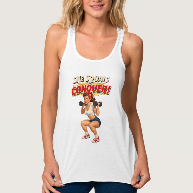 Camiseta Con Tirantes Squats Conquer -Funny Retro Gym Pin-Up- Activewear (Anverso)