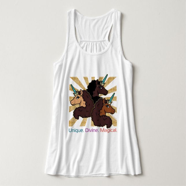 Camiseta Con Tirantes Trío Afro Unicornio: único, divino y mágico (Diseño del anverso)