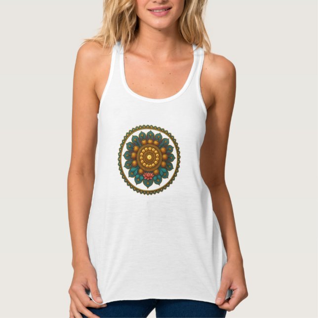 Camiseta Con Tirantes Turquoise Gold Lotus Mandala -Boho Fantasy Graphic (Anverso)