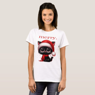camiseta con un gato negro en un gorra de Santa Cl