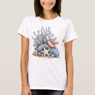 CAMISETA CONCHAS Y PLANTAS TROPICALES ROJO BLANCO AZUL