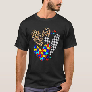 Camiseta Conciencia de Autismo Leopardo Cuadros Corazón de 