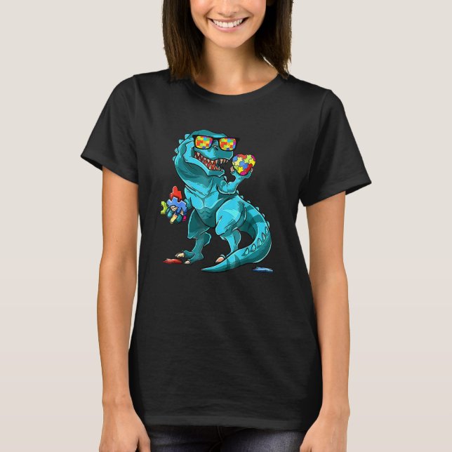Camiseta Conciencia del autismo Dinosaurio T-Rex Piec de ro (Anverso)