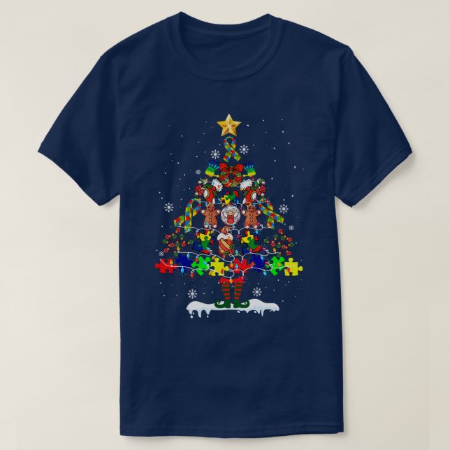 Camiseta Conciencia sobre el autismo Feliz Navidad de árbol (Diseño del anverso)