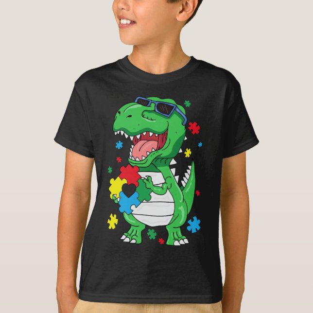 Camiseta Conciencia sobre el autismo T Rex Dinosaur Puzzle  (Anverso)