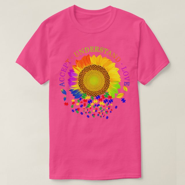 Camiseta Conciencia sobre el autismo y el girasol aceptan e (Diseño del anverso)