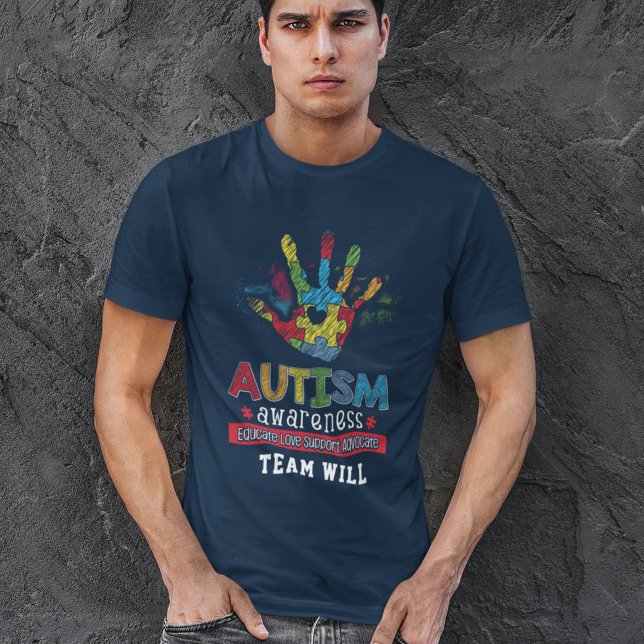 Camiseta Concienciación personalizada sobre autismo - Defen (Autism Awareness Puzzle Hand Navy Blue Mens T-Shirt)
