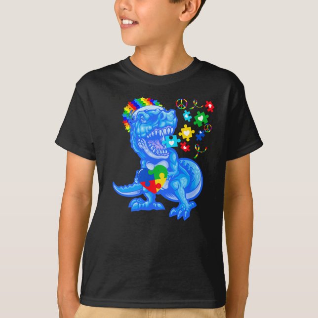 Camiseta Concienciación sobre autismo Mes Azul Dinosaurio A (Anverso)