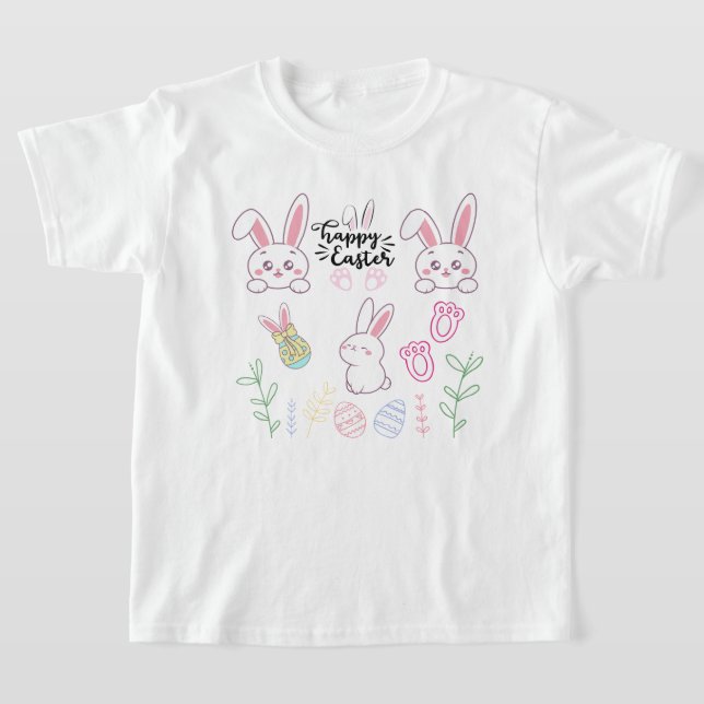 Camiseta conejita rosa y blanca "Feliz Pascua" (Distribución)