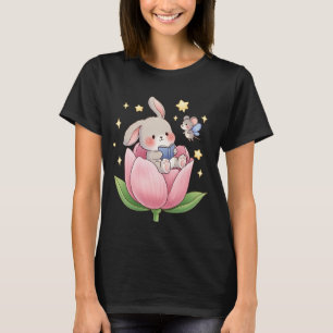 Camiseta Conejito Lindo Leyendo Libro en Flor Rosa con Hada