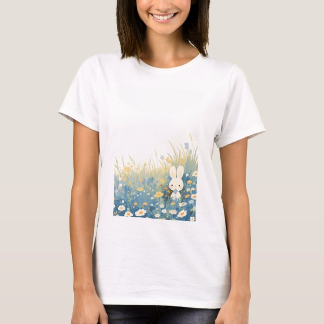 Camiseta Conejo Blanco Escondiéndose en la Pradera (Anverso)