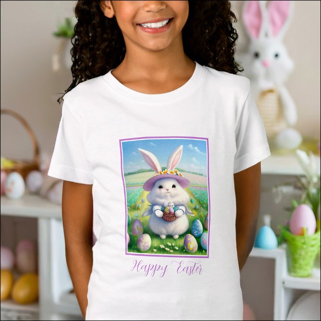 Camiseta Conejo Cute Easter 01 (beautiful customizable T-shirt with a fluffy white Easter Bunny holding an Easter eggs basket)