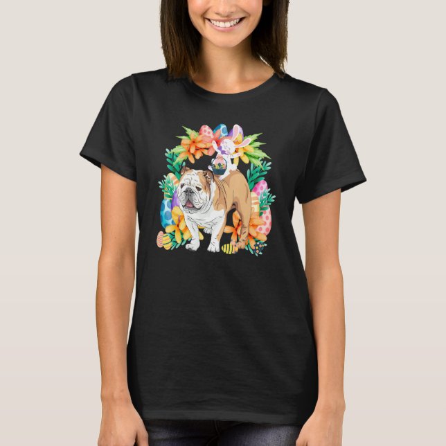 Camiseta Conejo de cesta de huevos montando Bulldog inglés  (Anverso)