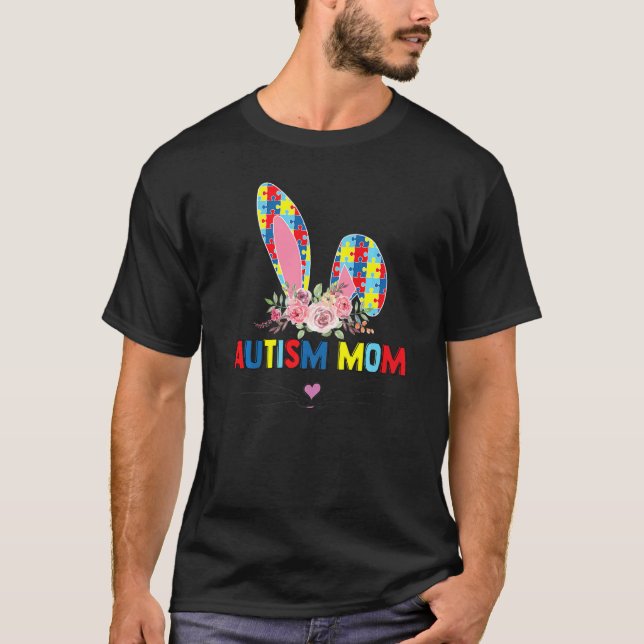 Camiseta Conejo de Mamá de Autismo con Flores Feliz Pascua  (Anverso)