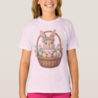 Camiseta Conejo de Pascua con Corona Floral en Cesta con Hu