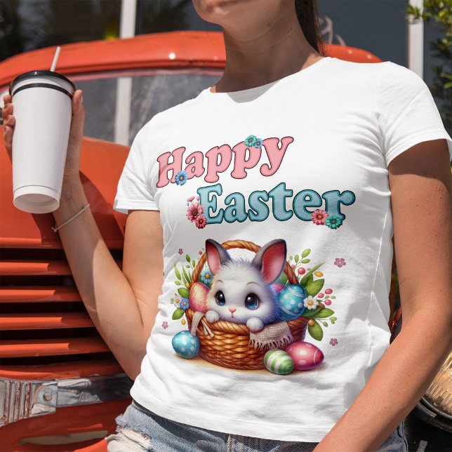 Camiseta Conejo de Pascua con huevos y flores (Cute Easter Bunny in Basket with Eggs and Flowers. Women Basic White T-Shirt)